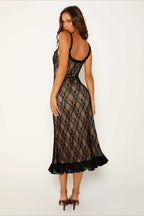 Lace Spaghetti Strap Sweetheart Ruched Pleated Hem Slip Midi Dress