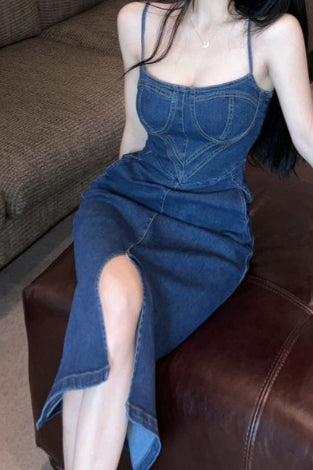 Denim Strapless Corset Bustier Side Pocket High Split Midi Dress