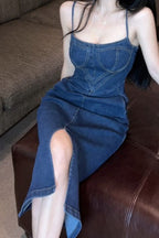 Denim Strapless Corset Bustier Side Pocket High Split Midi Dress