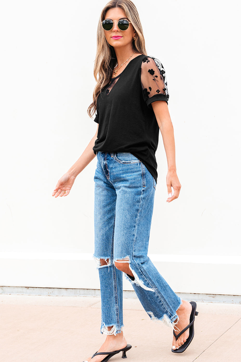 Black Flora Lace Patchwork Crew Neck T Shirt