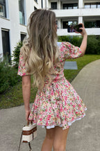 Pink Peter Pan Collar Puff Sleeve Button Front Pleated Ruffle Hem Floral Print Mini Dress