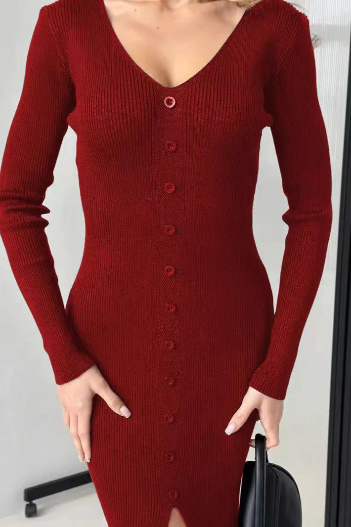 Ribbed Knit V-Neck Button Front Long Sleeve Front Slit Midi Dress