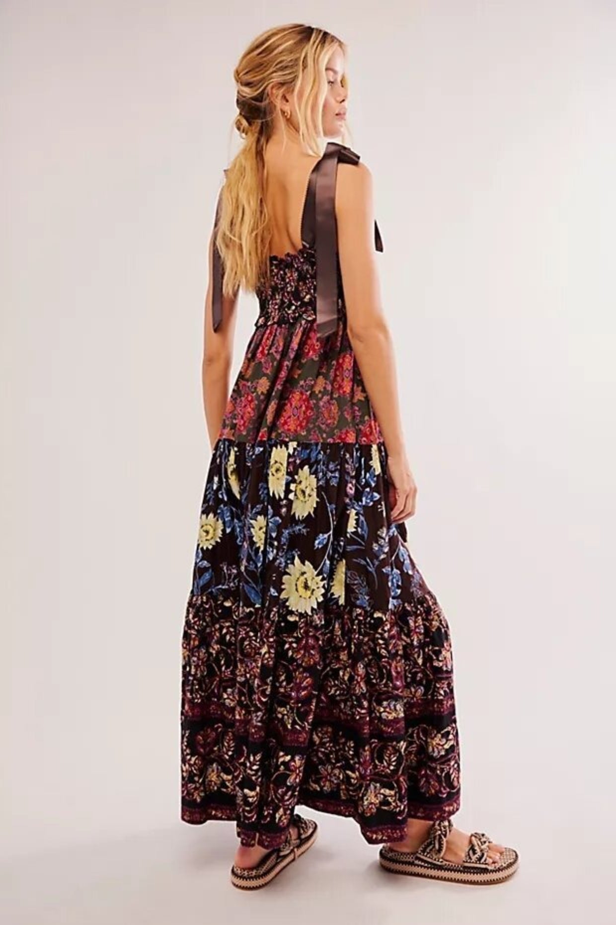 Smocked V Neck Bow Shoulder Strap Mixed Floral Tiered Maxi Dress