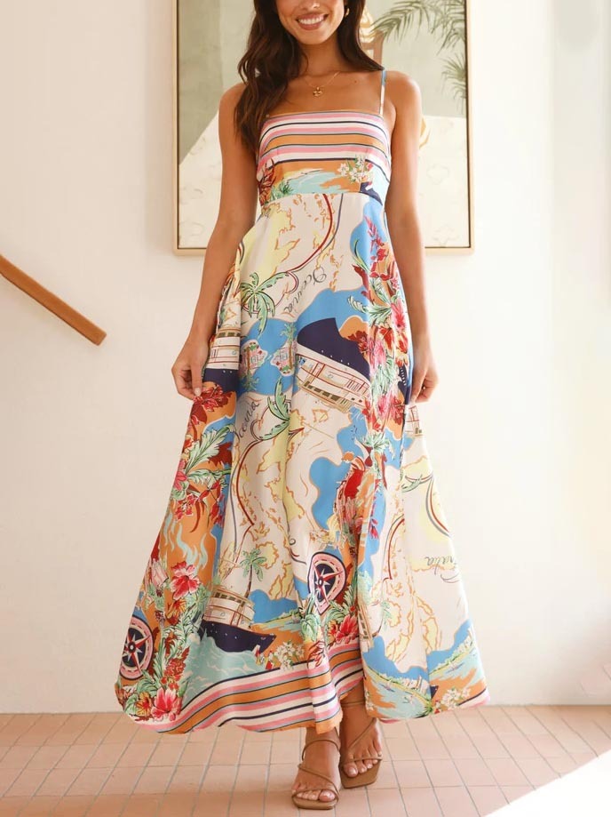 Nautical Map Print Spaghetti Strap Striped Border Maxi Dress