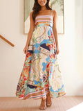 Nautical Map Print Spaghetti Strap Striped Border Maxi Dress