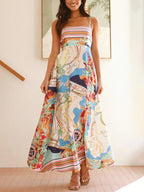 Nautical Map Print Spaghetti Strap Striped Border Maxi Dress