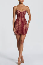 Jaya Floral Lace Contrast Structural Detail Back Lace-up Strapless Slit Maxi Dress