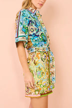 Sasha Linen Blend Unique Printed Shirt Style Tie-waist Mini Dress