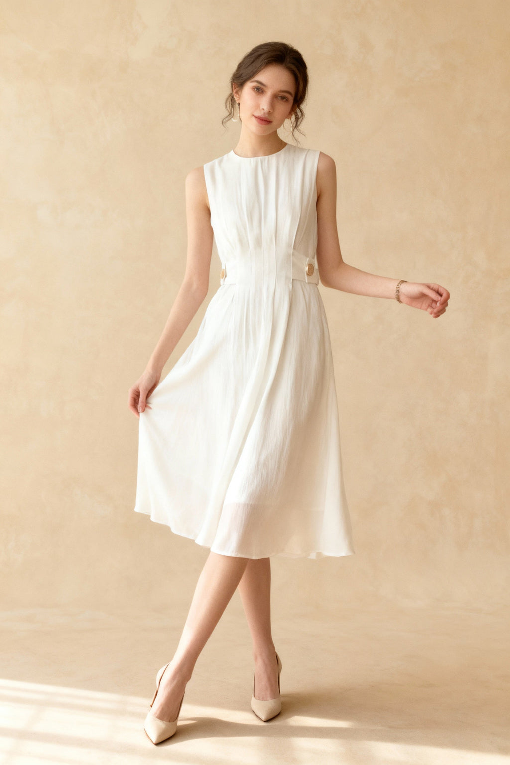Pleated Crew Neck Sleeveless Button Tab Waist Fit and Flare Midi Dress