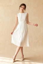Pleated Crew Neck Sleeveless Button Tab Waist Fit and Flare Midi Dress