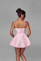 Jacquard Floral Bow Strap Cowl Neck Fit and Flare Mini Dress