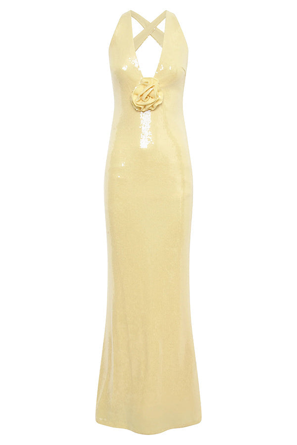 Sequin Deep V-Neck 3D Floral Applique Bodycon Maxi Gown