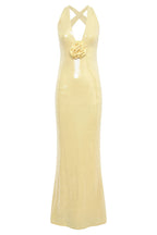 Sequin Deep V-Neck 3D Floral Applique Bodycon Maxi Gown