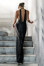 Chic Sexy Deep V Halter Backless Satin Ribbon Formal Dress