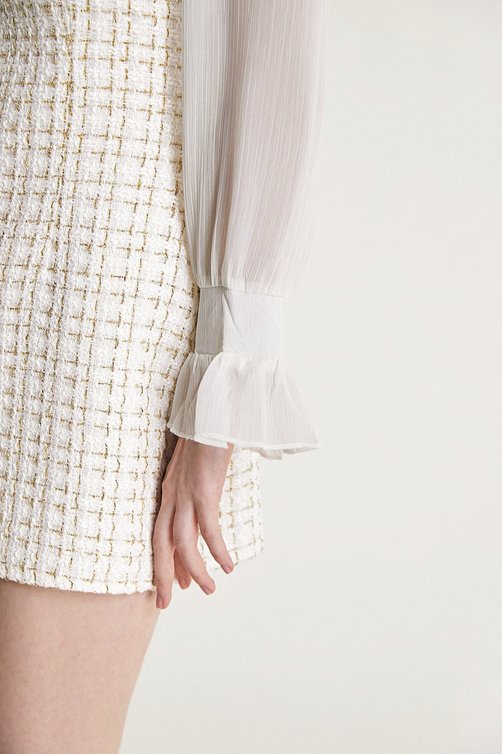 Mesh Yoke Peter Pan Collar Balloon Sleeve Tweed Pearl Trim Mini Dress