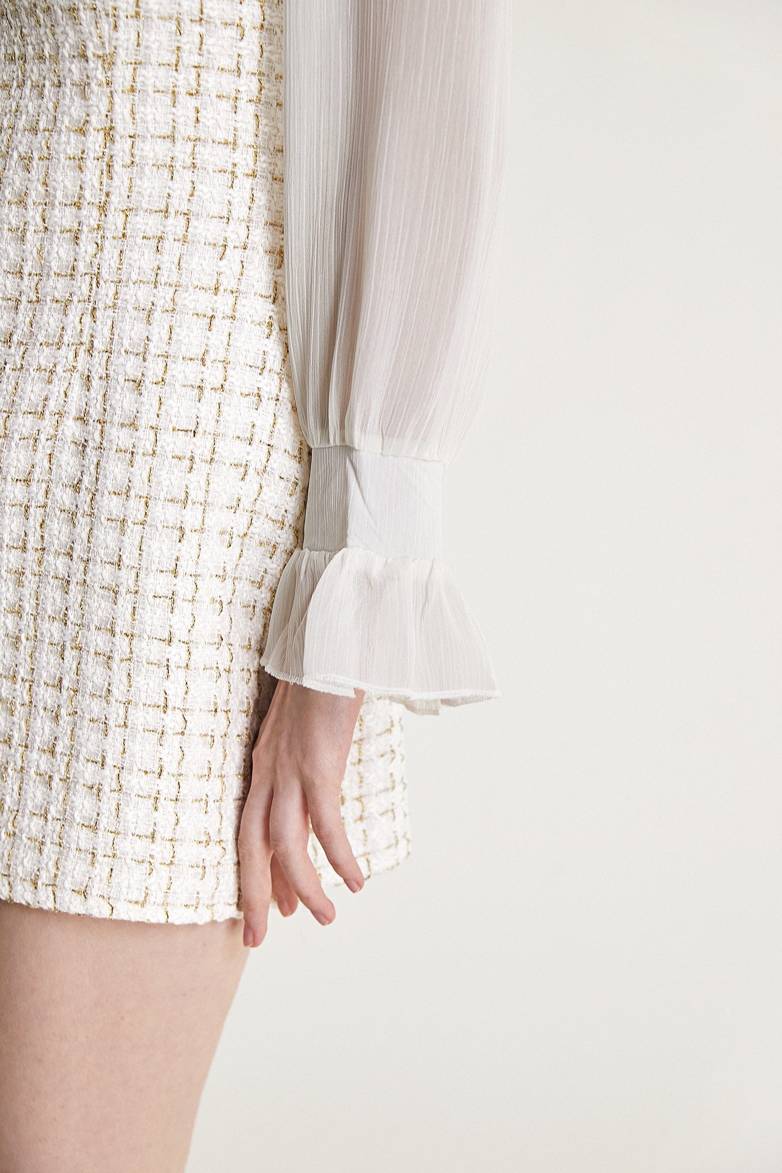 Mesh Yoke Peter Pan Collar Balloon Sleeve Tweed Pearl Trim Mini Dress