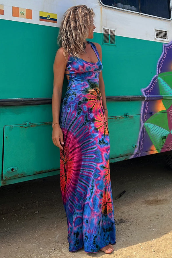 Tie Dye Print Criss Cross Strap Open Back Sleeveless Maxi Dress