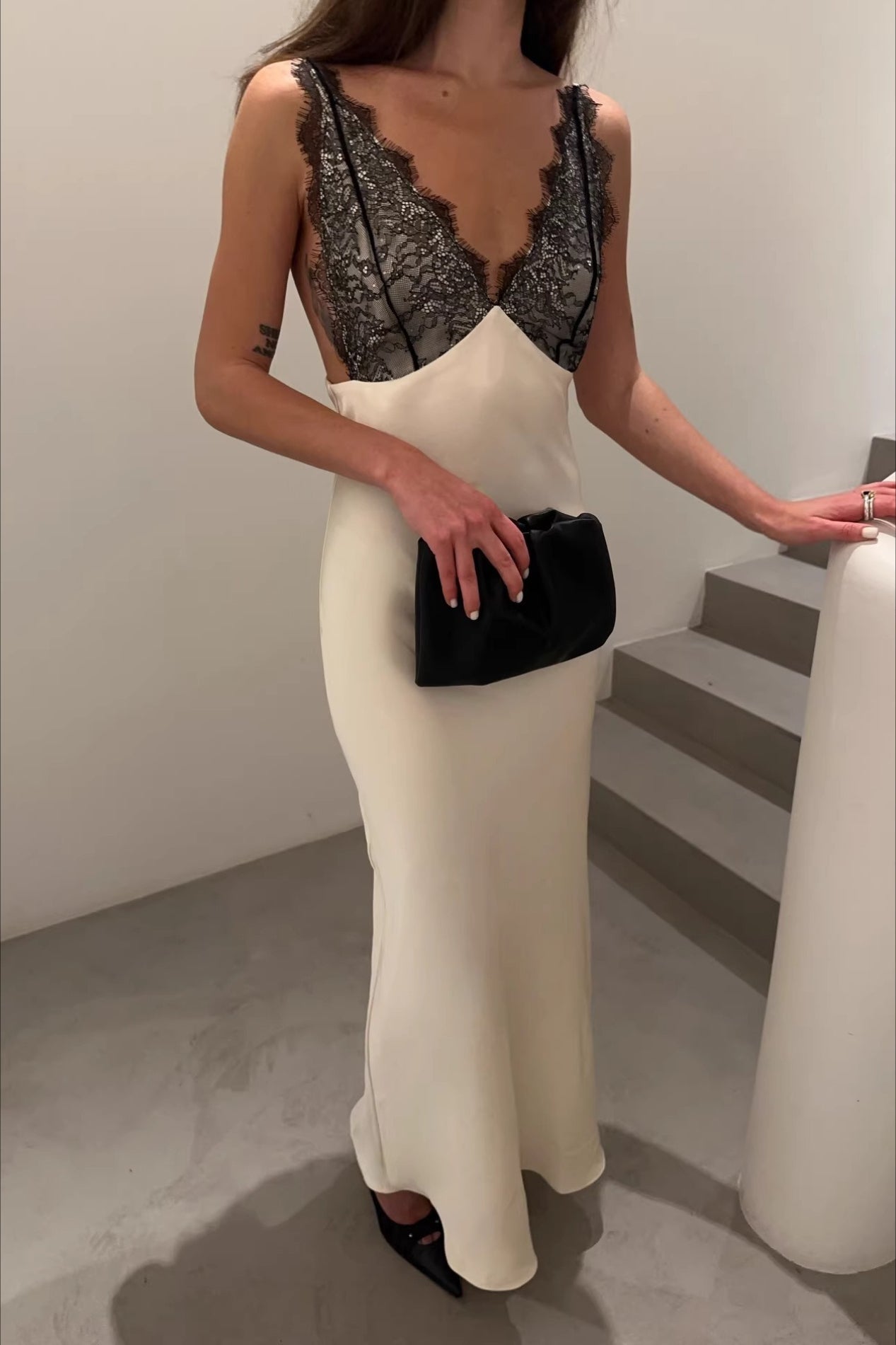 Eyelash Lace Trim Spaghetti Strap Satin Column Maxi Gown