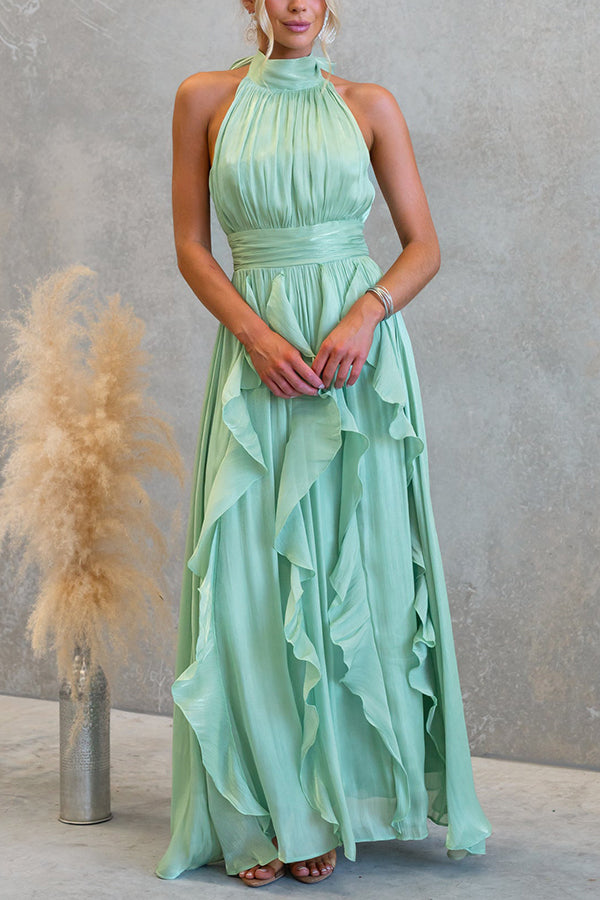 Coral Textured Metallic Chiffon Material High Tie Neck Ruffles Maxi Dress