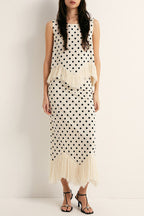 Verrah Linen Blend Polka Dot Print Tassel Trim Loose Tank