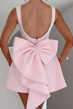 Pearl Trim Boat Neck Fit and Flare Back Bow Mini Dress