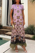 Lucia Satin Baroque Court Style Printed Short Sleeve Pocket Feather Trim Maxi Dress