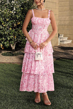 Square Neck Ruched Bust Toile Floral Print Tiered Maxi Dress