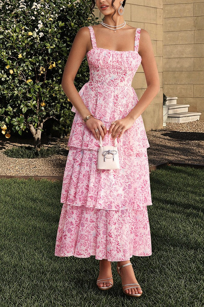 Square Neck Ruched Bust Toile Floral Print Tiered Maxi Dress
