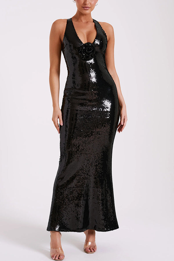 Sequin Deep V-Neck 3D Floral Applique Bodycon Maxi Gown