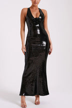 Sequin Deep V-Neck 3D Floral Applique Bodycon Maxi Gown