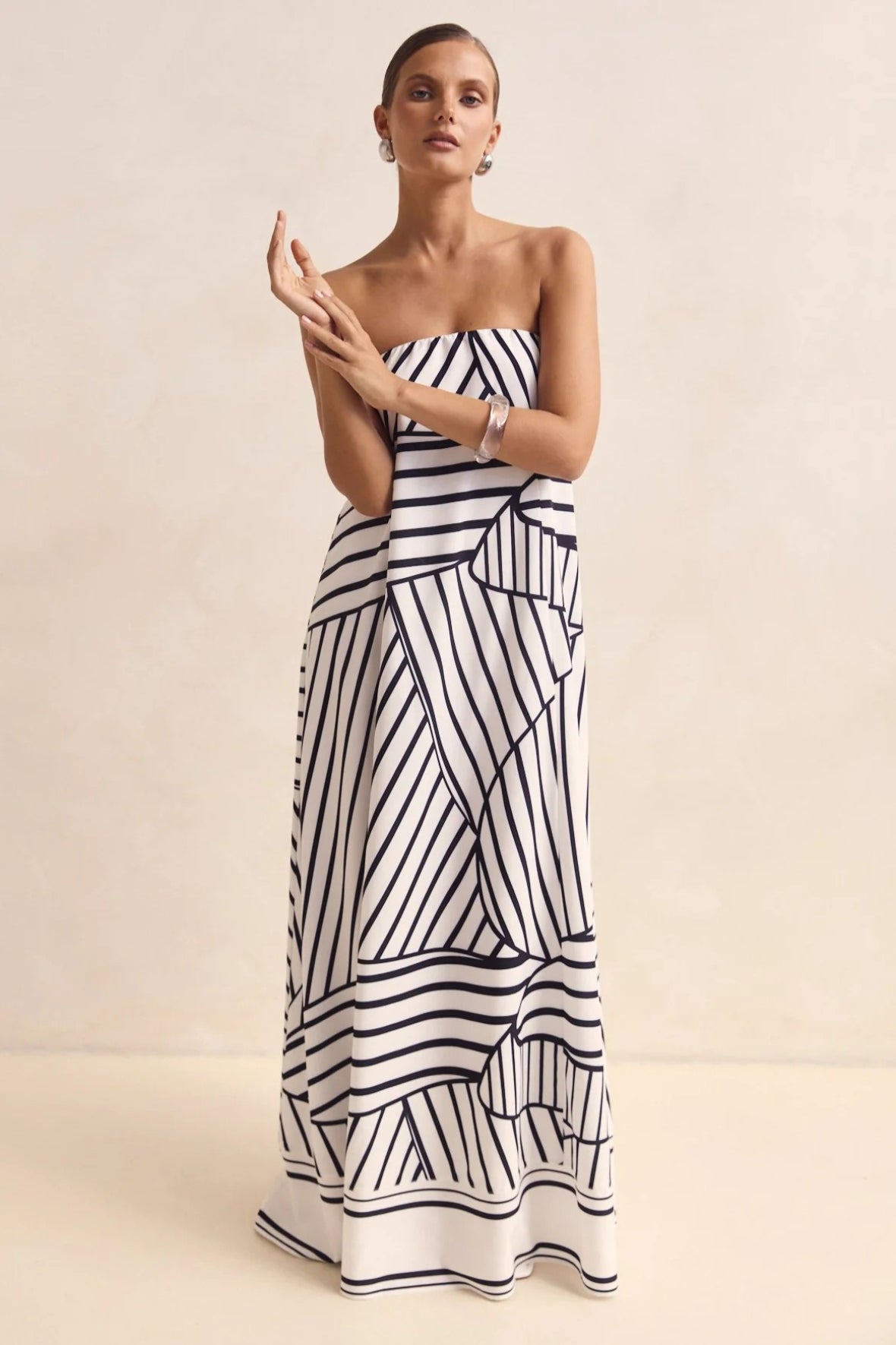 Strapless Contrast Band Hem A-Line Maxi Dress