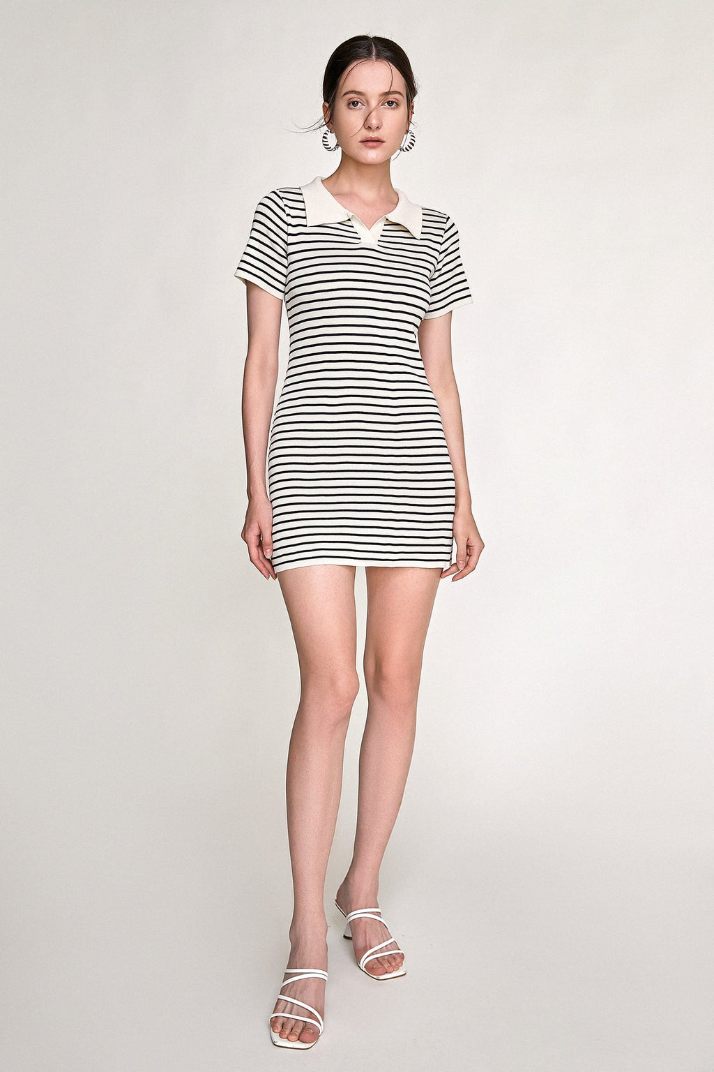 Striped Rib Knit Polo Collar Bodycon Mini Dress