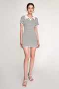 Striped Rib Knit Polo Collar Bodycon Mini Dress