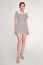 Striped Rib Knit Polo Collar Bodycon Mini Dress