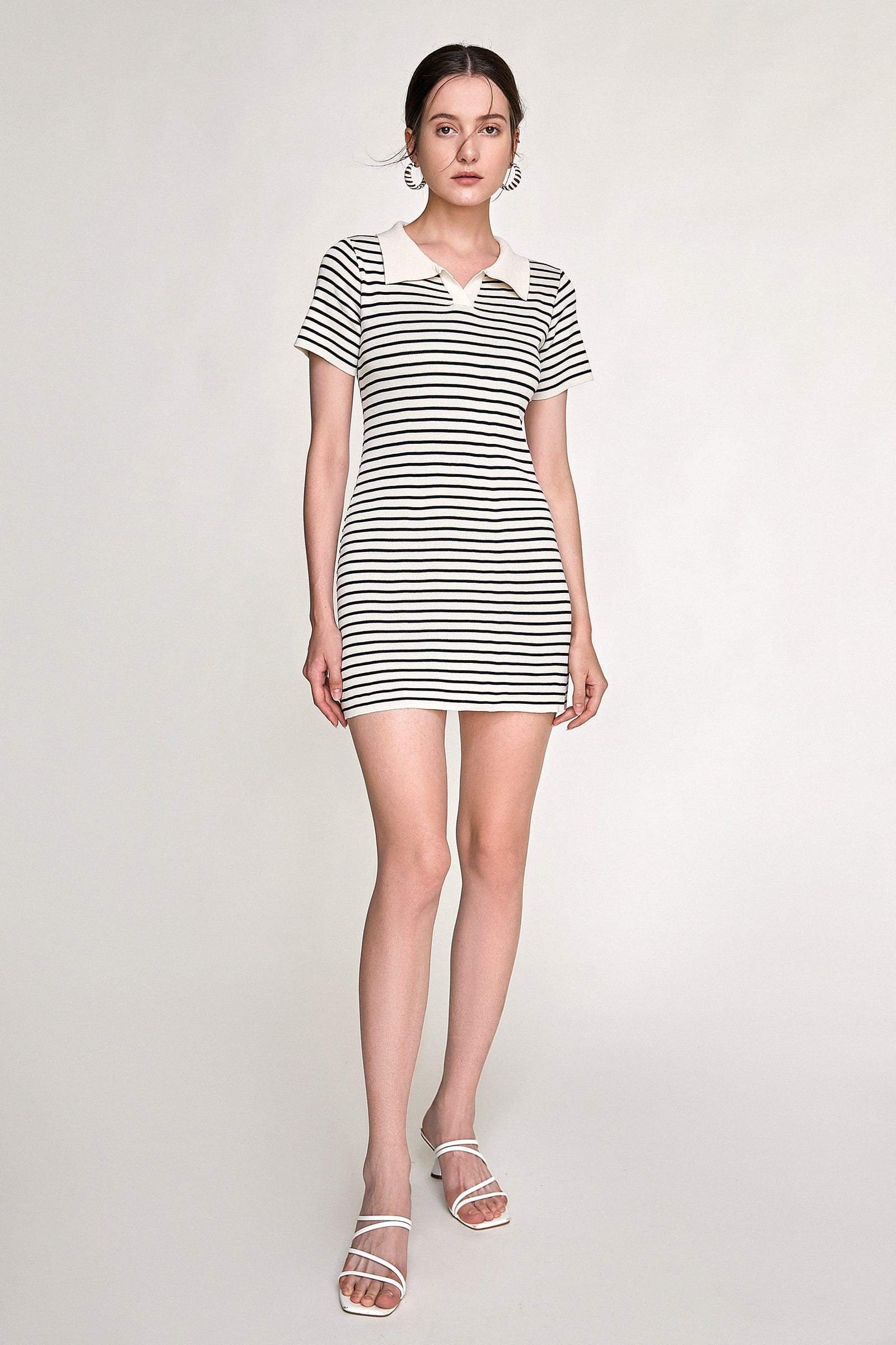 Striped Rib Knit Polo Collar Bodycon Mini Dress