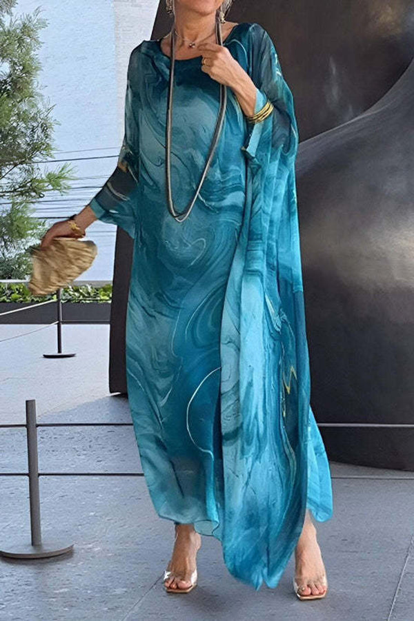 Marbled Print Crew Neck Batwing Sleeve Oversized Kaftan Maxi Dress