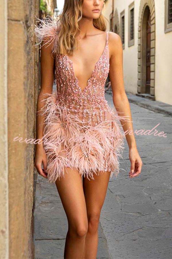 Feather Sling Deep V Neck Party Dress
