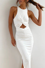 Ribbed Knit Racerfront Twist Front Cutout Ruched Waist Bodycon Midi Dress