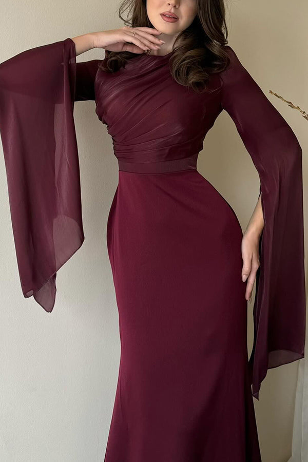 Satin Ruched High Neck Bell Sleeve Slit Mermaid Maxi Gown