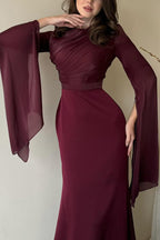 Satin Ruched High Neck Bell Sleeve Slit Mermaid Maxi Gown