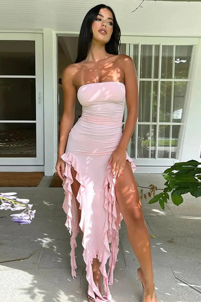 Strapless Ruched Ruffle Trim High Slit Midi Dress