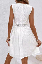 Deep V Neck Crochet Lace Waistband Eyelet Panel A-Line Mini Dress