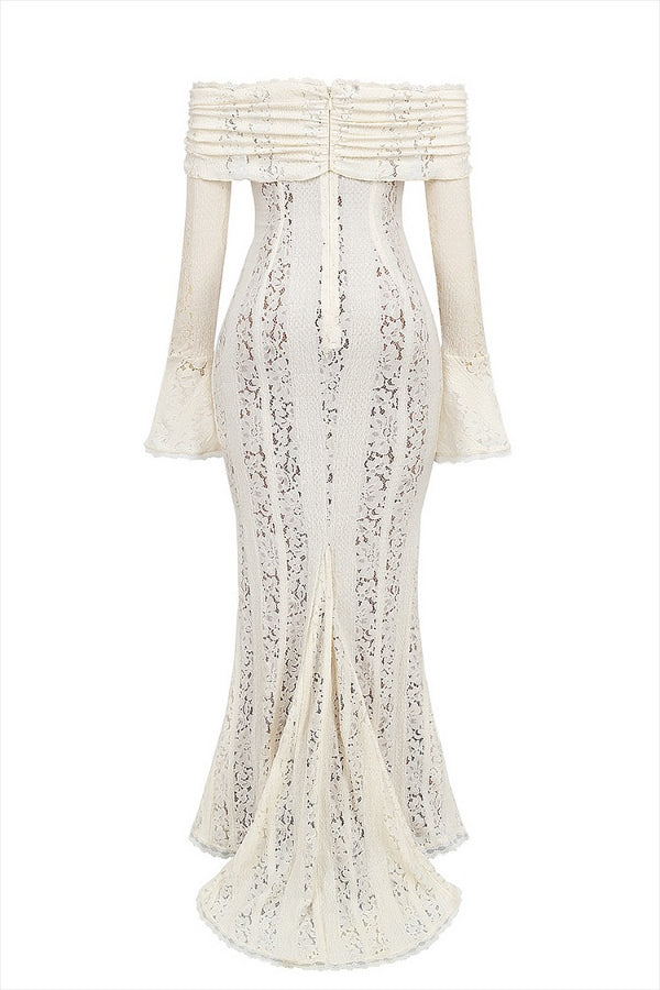 Leila Elevated Off Shoulder Floral Lace Flared Sleeve Fishtail Maxi Dress White Occasion Wear