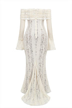 | Off Shoulder Floral Lace Flared Sleeve Fishtail Maxi Dress - White