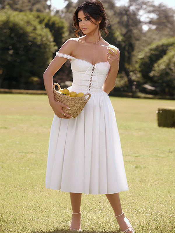 White Corset Dress Cutout Wide Strap Lace Trim Backless Cottagecore Midi Dresses