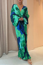 Abstract Floral Print Pleated Deep V-Neck Balloon Sleeve High Split Maxi Dress