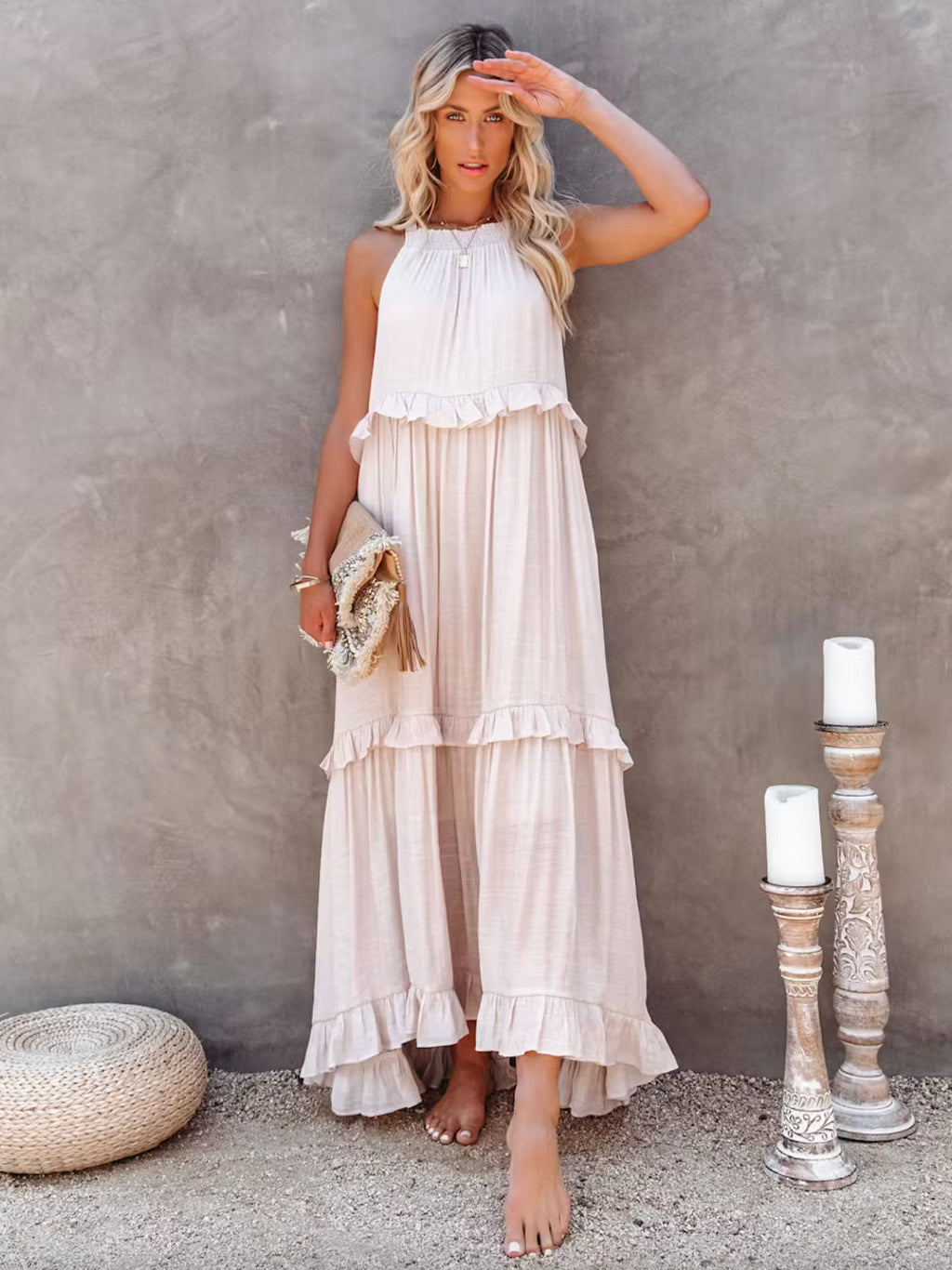 Boho Halter Neck Maxi Shift Dress for Women - Ruffle Tiered Flowy Sun Dress - Summer Beach Vacation 2026