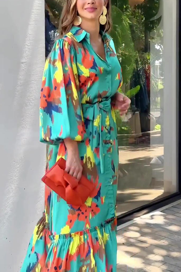 Abstract Brushstroke Print Collar Balloon Sleeve Tie Waist Tiered Maxi Dress