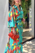 Abstract Brushstroke Print Collar Balloon Sleeve Tie Waist Tiered Maxi Dress