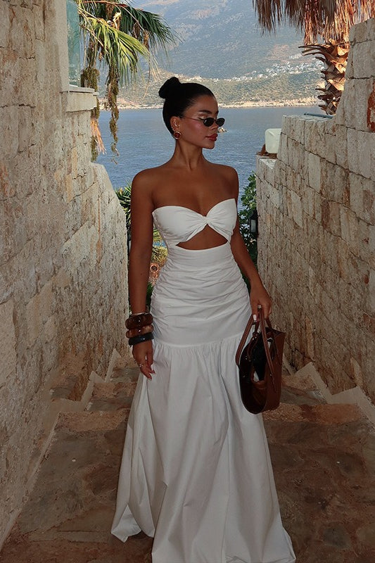 Strapless Sweetheart Neck Twist Cutout Ruched Drop Waist Maxi Dress